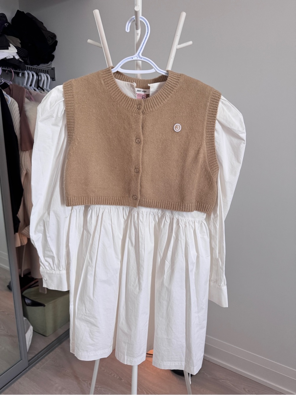 Cropped Camel Knit Button Vest over White Puff Sleeve Dress